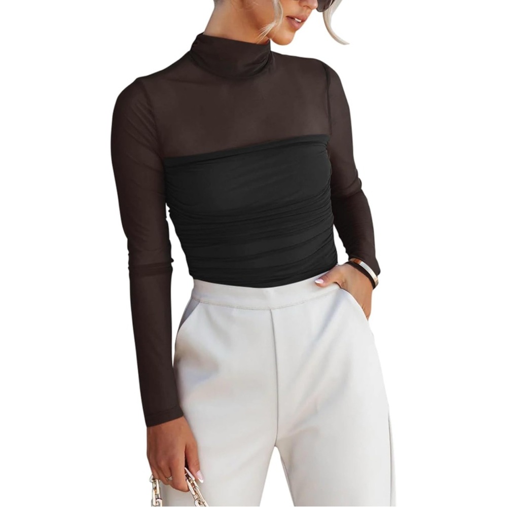 NWT REORIA Black Mesh Mock Neck Long Sleeve Ruched Bodysuit Top - Sm & Lg